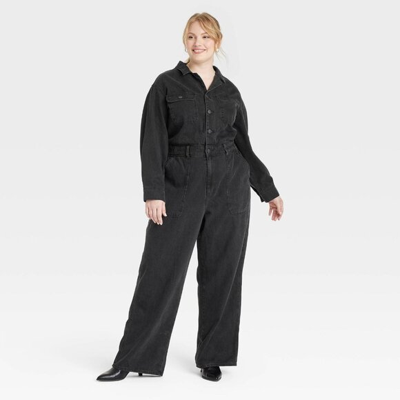 NEW Universal Thread Womens Long Sleeve Utility Baggy Denim Jumpsuit Black 17 - Picture 1 of 7